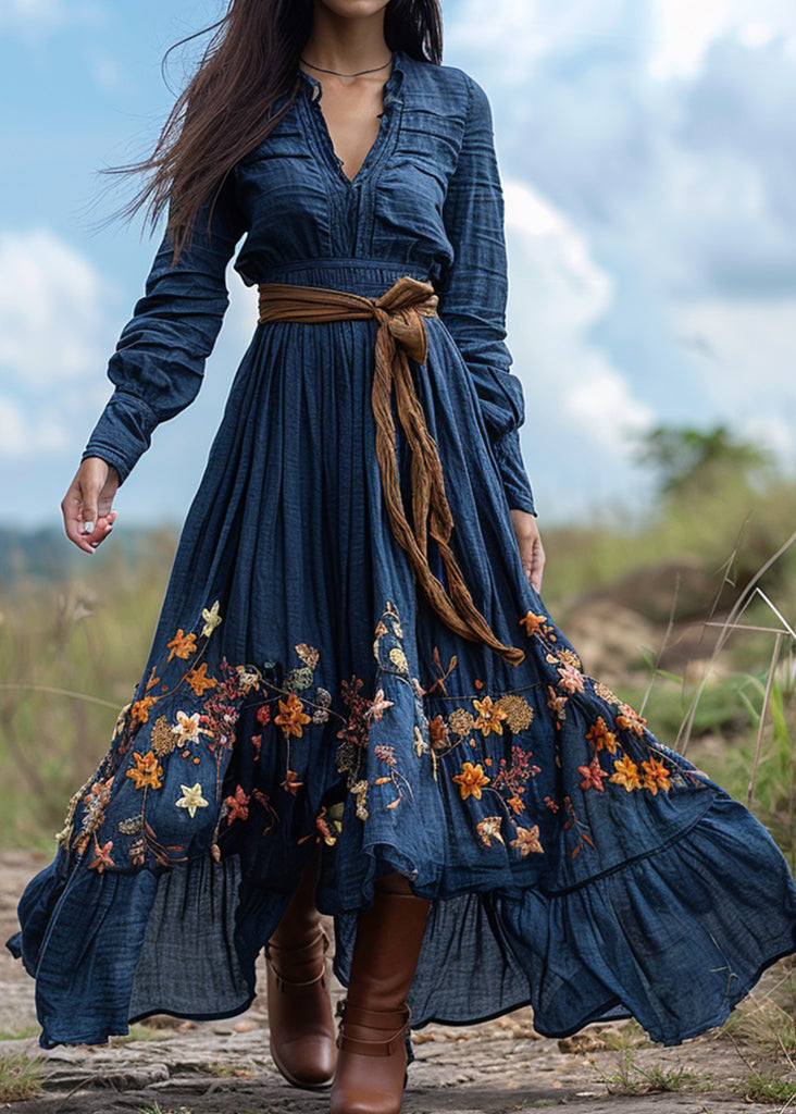 Pastoral Blue Print Wrinkled Patchwork Cotton Ankle Dress Spring