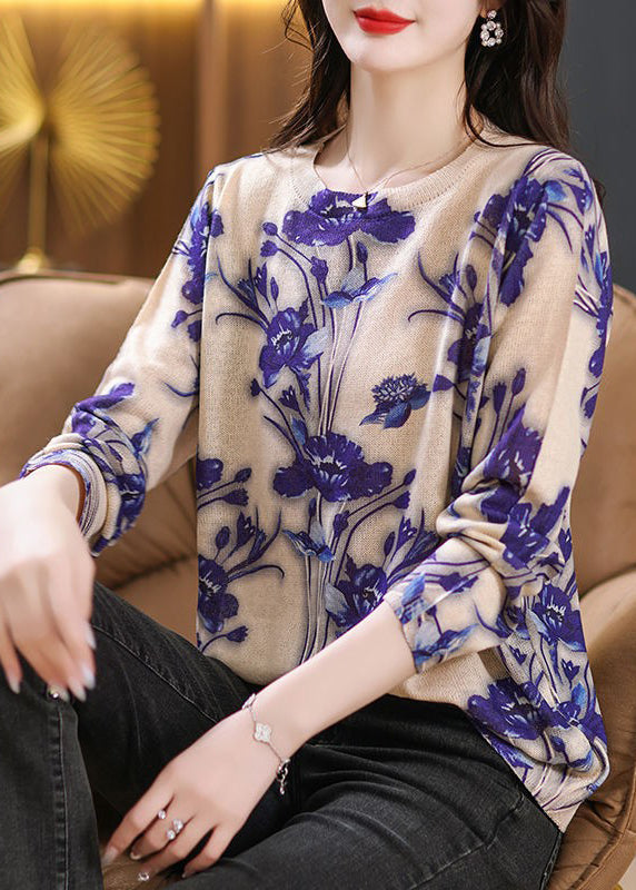 Purple O Neck Print Thin Knit Blouses Fall
