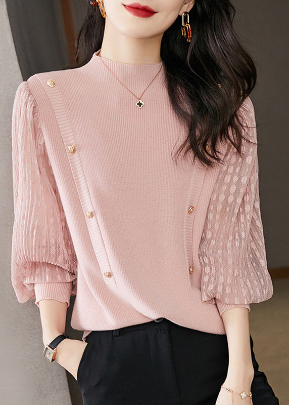 Pink Half High Neck Patchwork Knit Pullover Spring