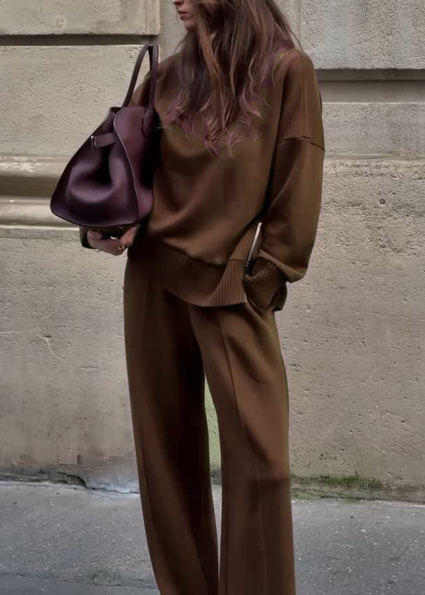 French Mulberry Hign Neck Tops and Pants Knit Two Pieces Set Fall