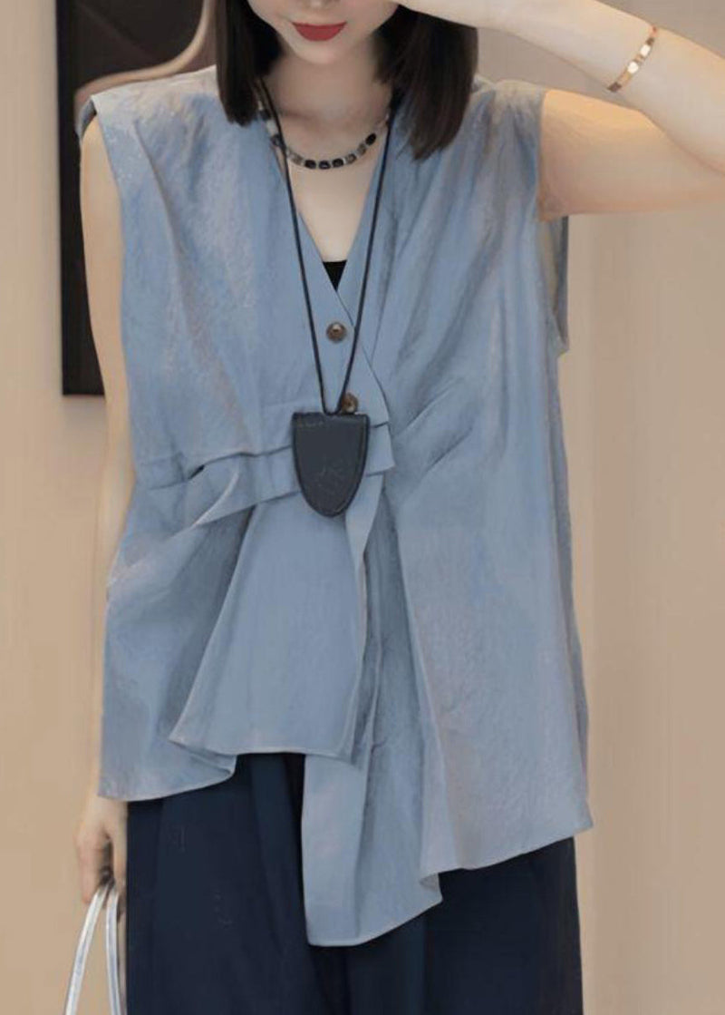 Stylish Blue V Neck Asymmetrical Wrinkled Shirt Sleeveless