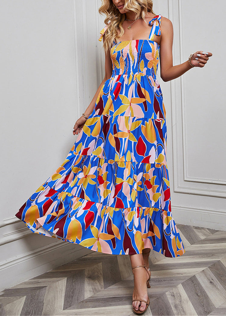 Blue Print High Waist Cotton Dresses Summer
