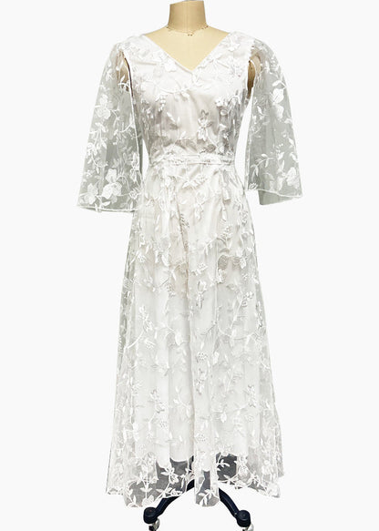 Stylish White V Neck Backless Lace Dresses Summer