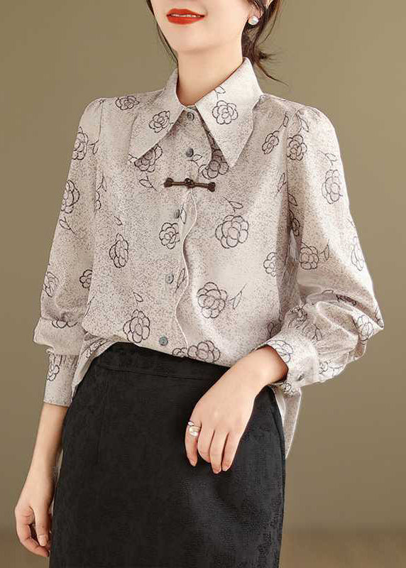 Apricot Peter Pan Collar Print Cotton Shirt Tops Spring