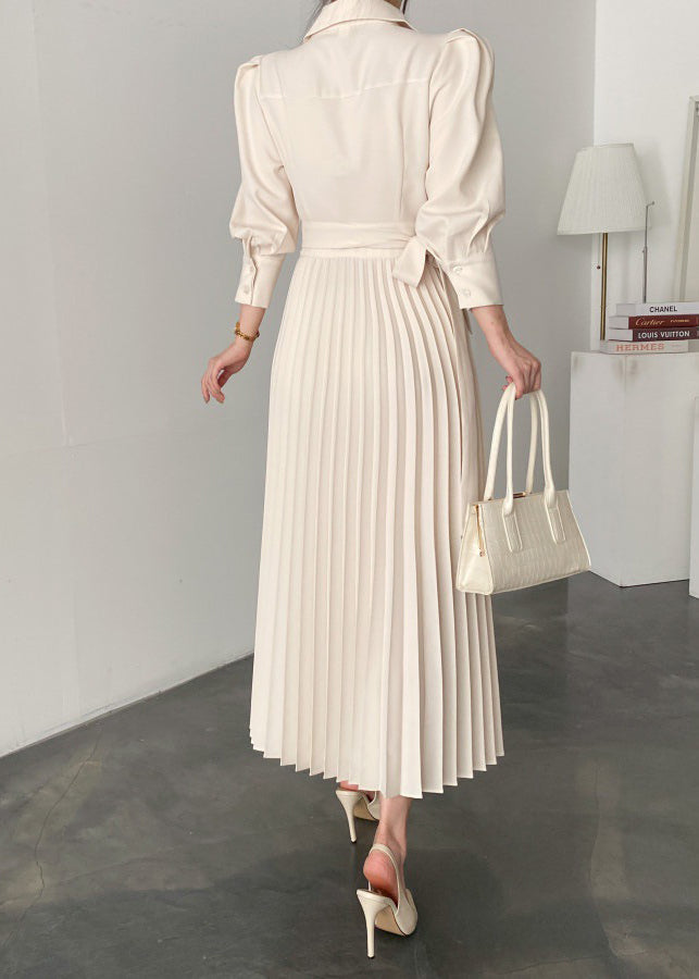 New Beige Puff Sleeve Peter Pan Collar Wrinkled Cotton Long Dress