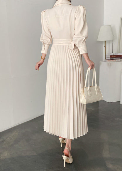 New Beige Puff Sleeve Peter Pan Collar Wrinkled Cotton Long Dress