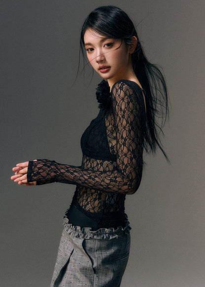 Black Bead Chain Linked Lace Top Fall