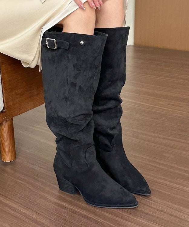 Khaki Chunky Suede Splicing Boots Pointed Toe