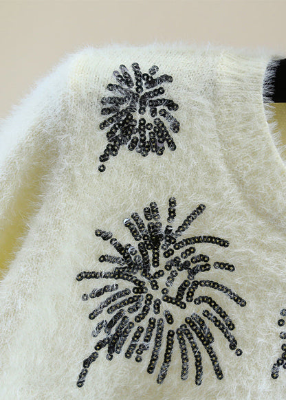 Natural White O-neck Sequins Thick Cotton Knit Sweater Winter
