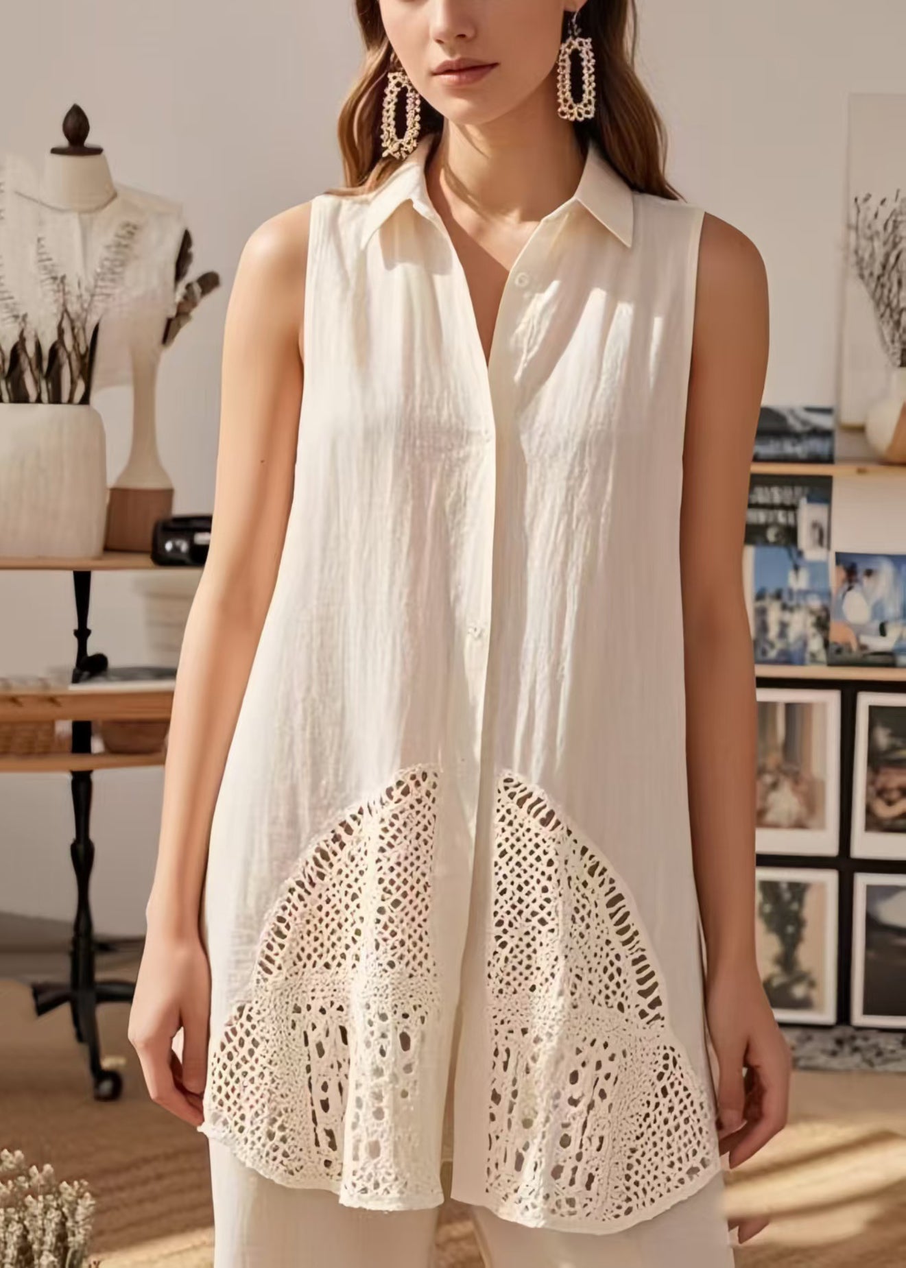 White Patchwork Cotton Blouses Peter Pan Collar Hollow Out Sleeveless