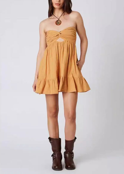 White Backless Hollow Out Cotton Strapless Dress
