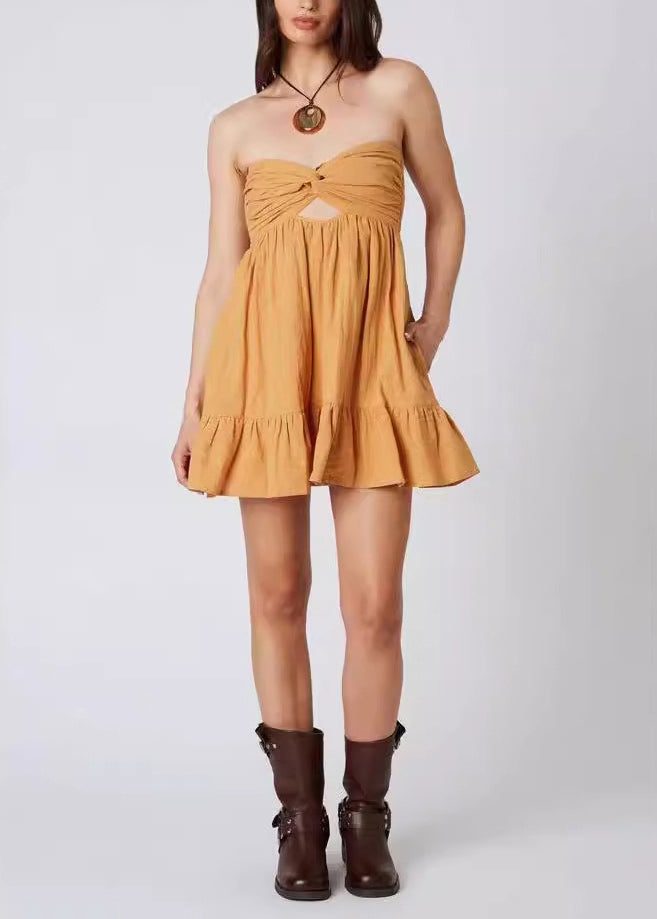 White Backless Hollow Out Cotton Strapless Dress
