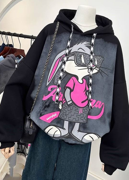 Grey Hooded Cartoon Print Cotton Sweatshirts Spring