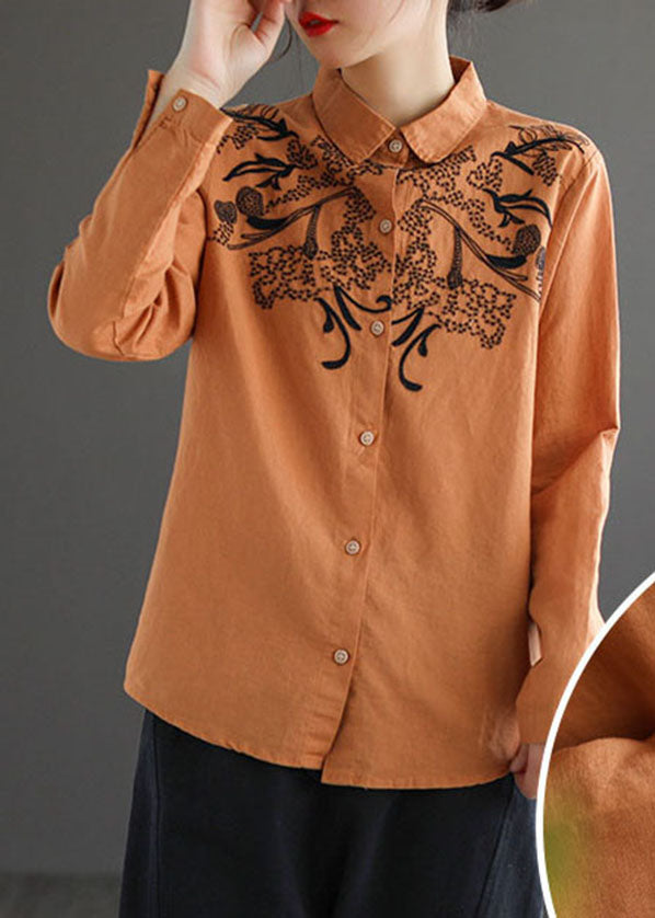 Orange Turn-down Collar Embroidered Cotton Shirt Top Long Sleeve