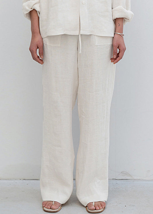 Beige Pockets Lace Up Linen Straight Pants Spring