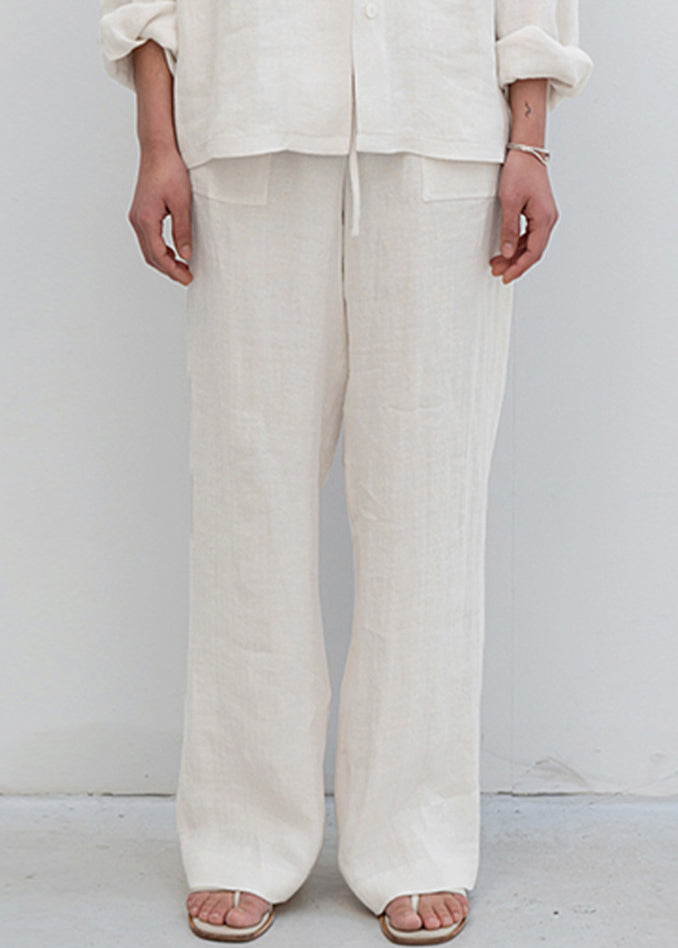 Beige Pockets Lace Up Linen Straight Pants Spring