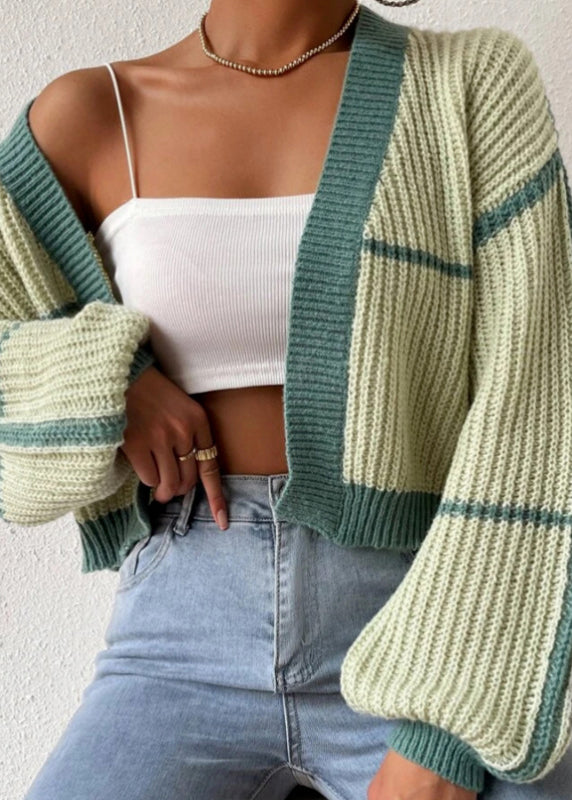 Green Striped Knit Short Cardigan Fall