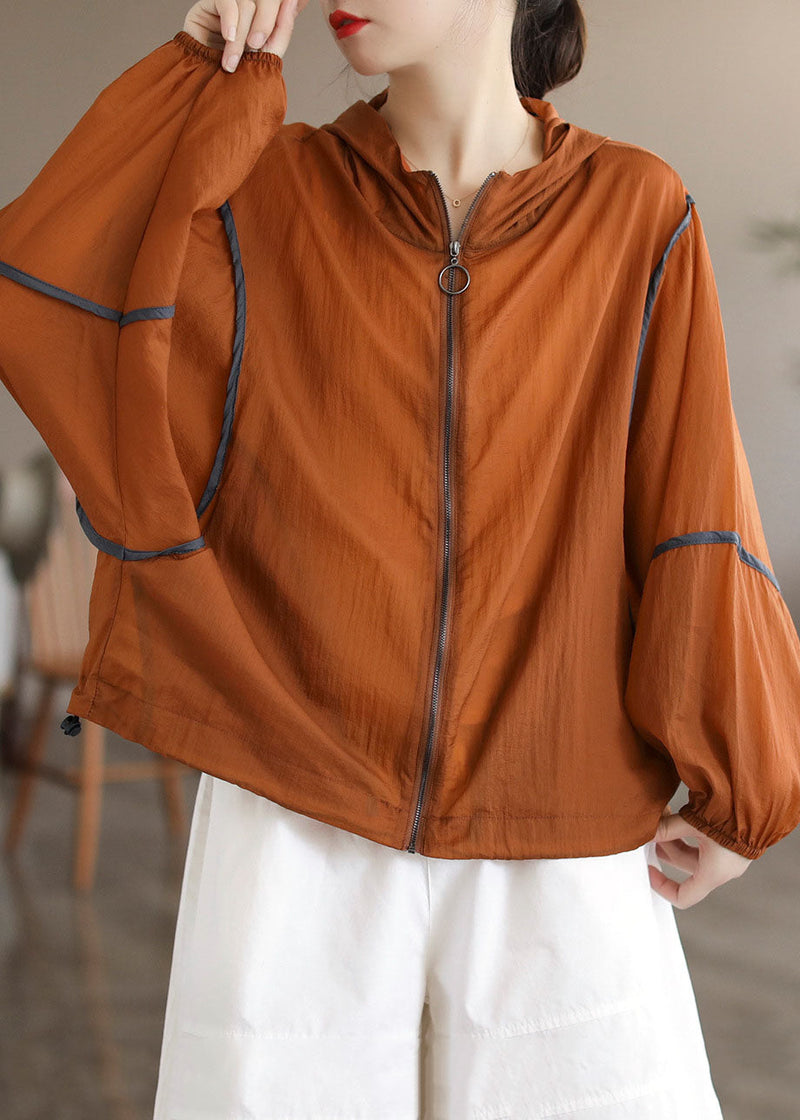 Orange Hooded Patchwork Cotton Coat Long Sleeve