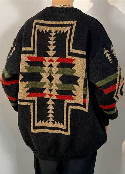 Loose Black Geometric Thick Knit Sweaters Winter