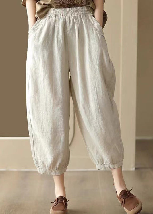 Linen Color Pockets Elastic Waist Harem Pants Summer