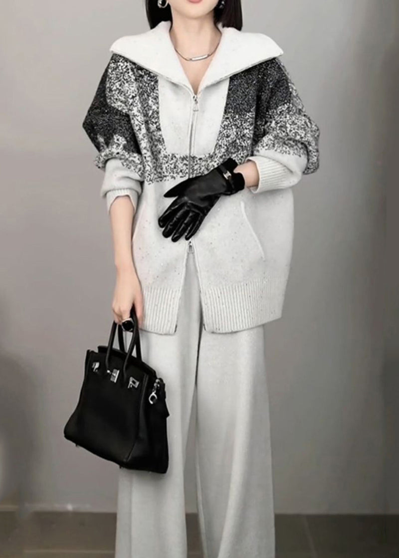 Organic Light Grey Print Zippered Cotton Knit Sweaters and Wide Leg Pants Two Pieces Set Winter