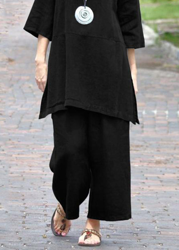 Caramel O-neck Side Open Top and Crop Pants Two Pieces Set Bracelet Sleeve