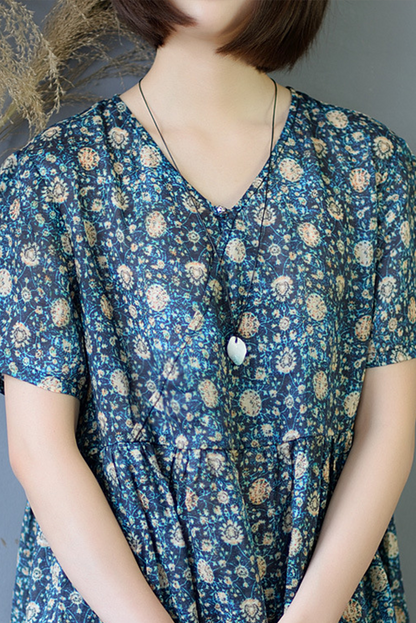 Summer Print Ramie Dress Short Sleeve Dress