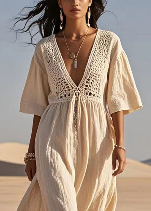 Apricot Hollow Out Cotton a Line Dress Summer