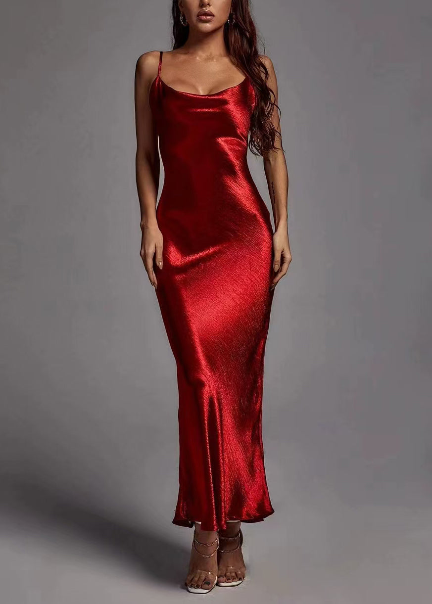 European and American Style Red Silk Spaghetti Strap Dress Summer