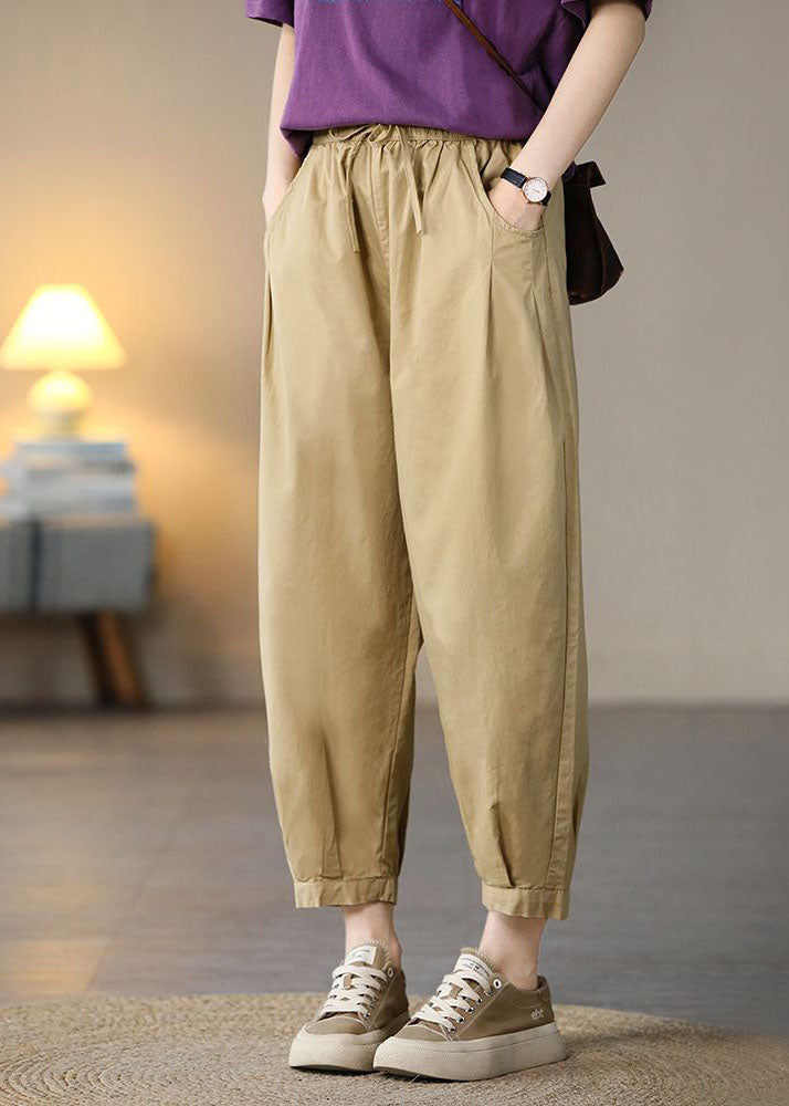 Khaki Pockets Cotton Crop Pants High Waist Spring