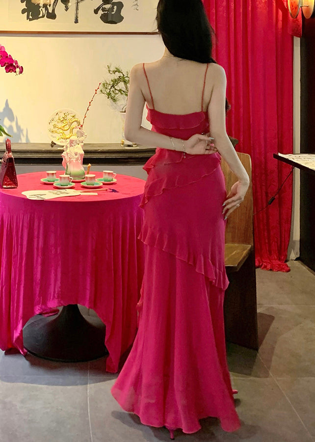 Dopamine Rose Red Ruffled Suspender Dress for Summer Wear