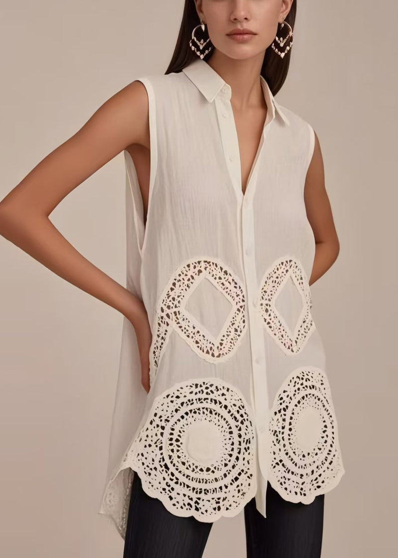 Italian White Peter Pan Collar Hollow Out Cotton Blouses Sleeveless
