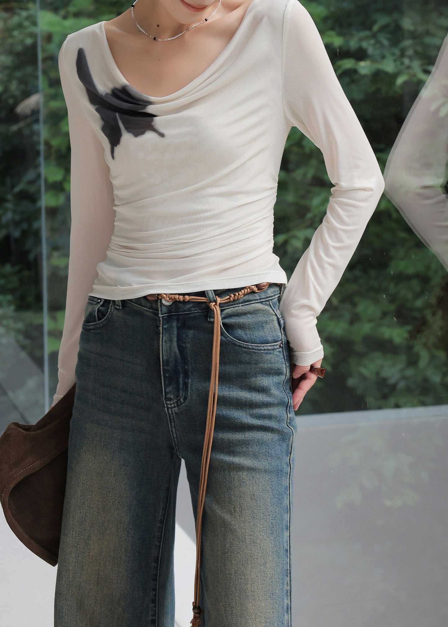 Spring New Beige Print Long Sleeved Draped Neckline T-shirt