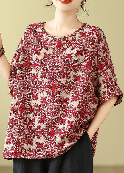 Red O Neck Print Cotton Blouse Top Summer