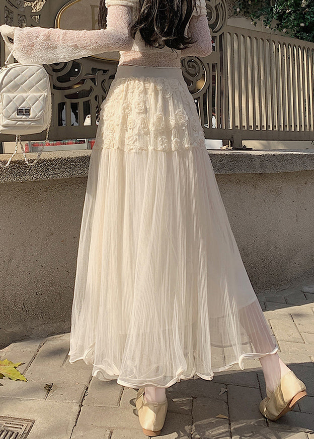 Beige Elastic Waist Tulle Skirt Summer