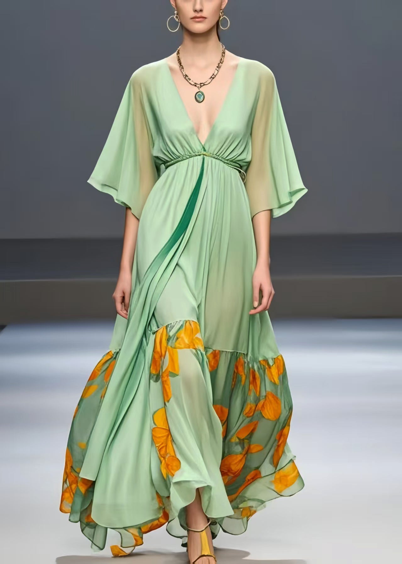 Natural Light Green Exra Large Hem Patchwork Chiffon Holiday Dress Summer