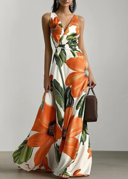 Classy Orange V Neck Print Chiffon Long Dress Sleeveless