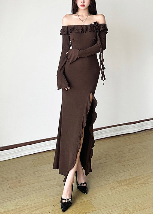 Silm Fit Brown Slash Neck Side Open Knit Party Dresses Spring