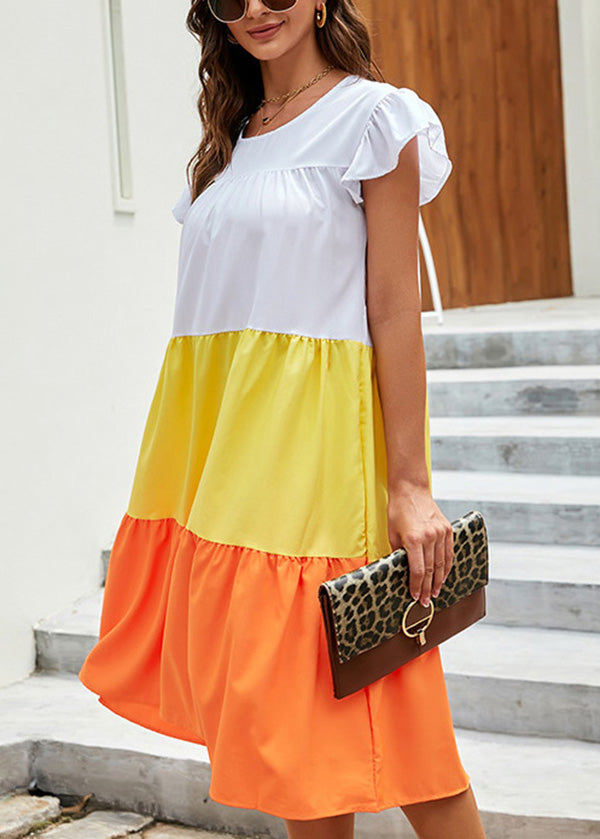 Yellow O Neck Patchwork Cotton Dress Summer