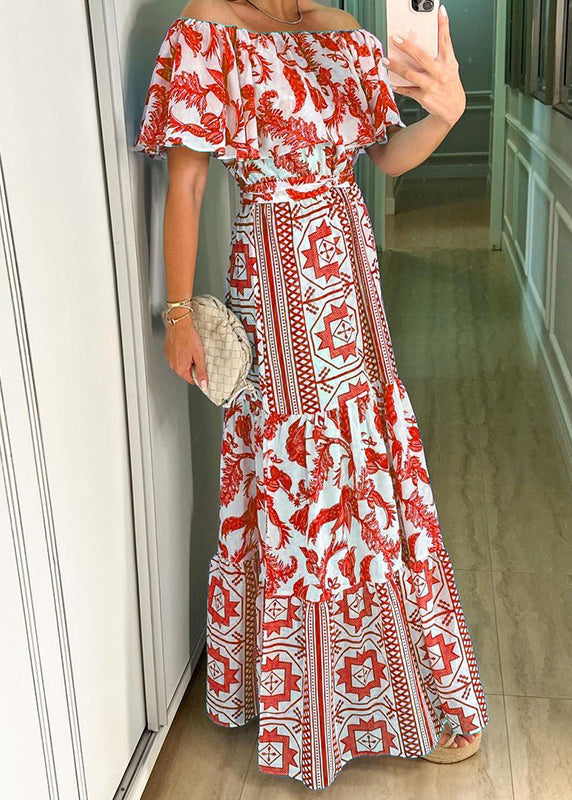 Classy Blue Slash Neck Ruffled Print Cotton Dresses Summer