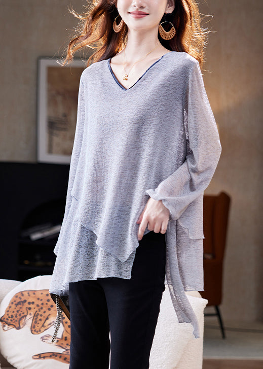 Loose Grey Asymmetrical Thin Knit T Shirts Fall