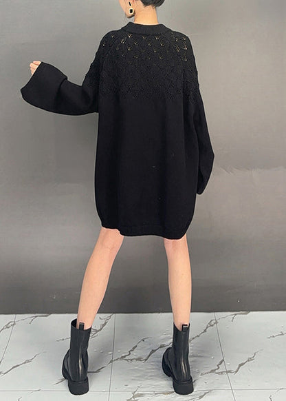 Black O Neck Hollow Out Knit Dress Fall