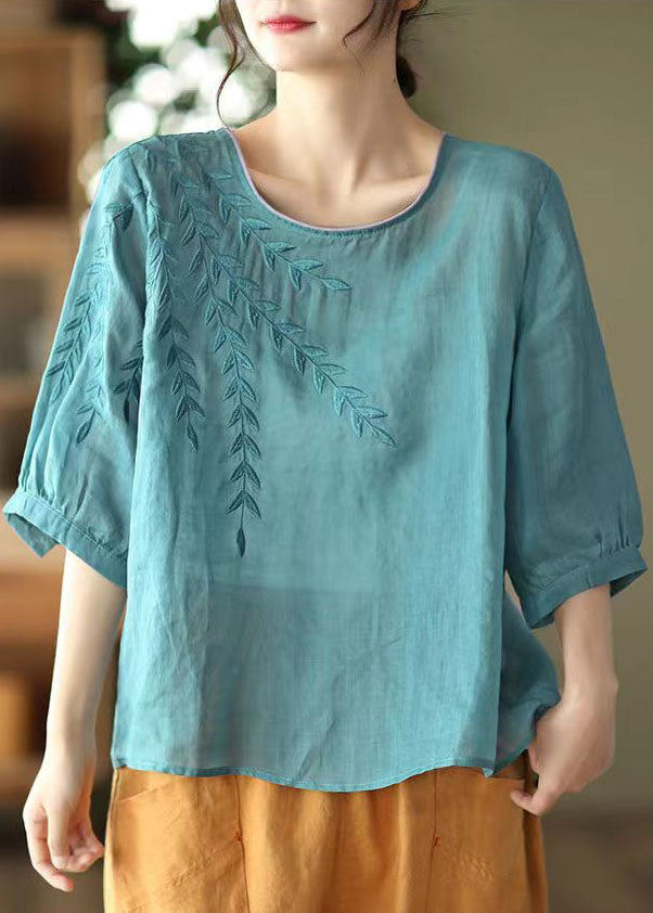 Blue Embroidered Patchwork Cotton T Shirt Half Sleever