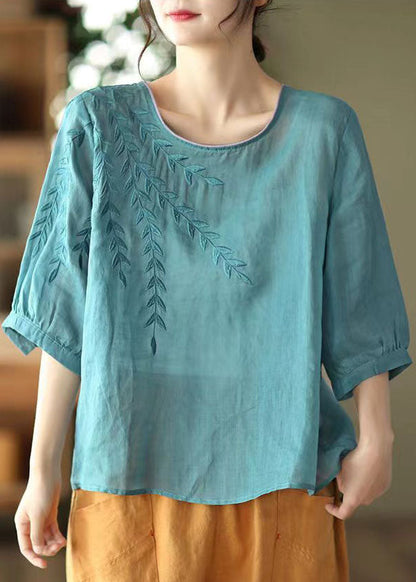Blue Embroidered Patchwork Cotton T Shirt Half Sleever