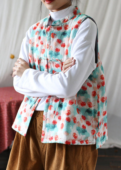 Stand Collar Tasseled Print Fine Cotton Filled Vest Sleeveless