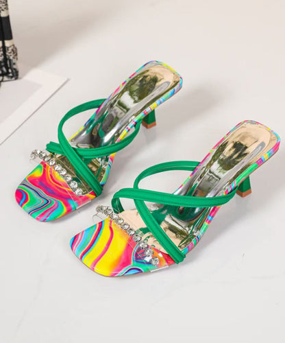 Green High Heel Faux Leather Splicing Zircon Slide Sandals