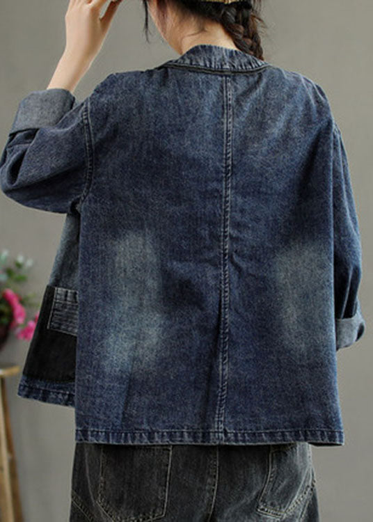 Black Embroidered Pockets Button Patchwork Fall Denim Coat