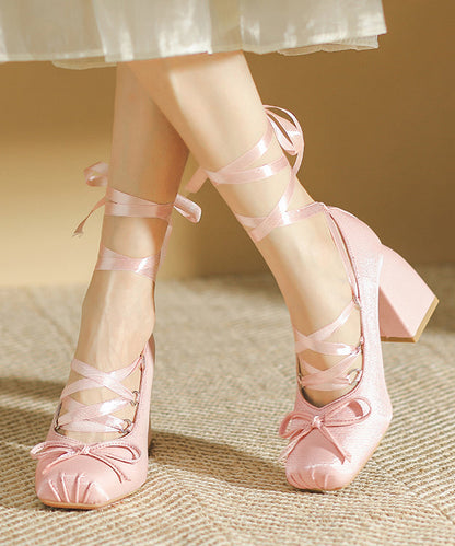 Pink Lace Up Splicing Chunky High Heels Pink Satin