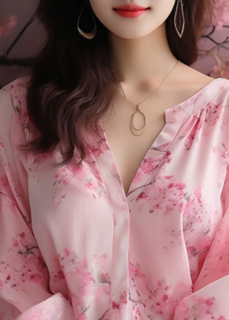 Pink V Neck Print Chiffon Blouses Bracelet Sleeve