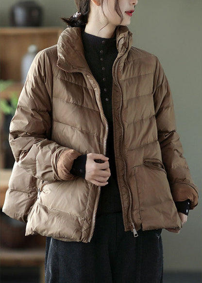 Unique Khaki Stand Collar Pockets Winter Down Coats